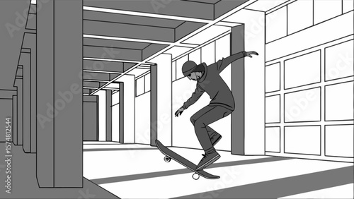 Skateboarding trick in urban area drawing of skater doing skateboard trick in city street art style design