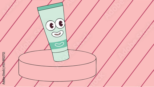 Cute cartoon skincare product tube on display stand for beauty and personal care advertisement design