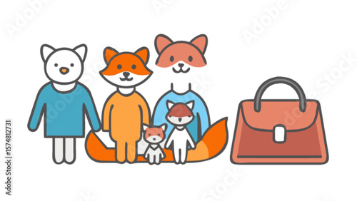Cute cartoon fox family vector illustration with cat character and handbag vector design element