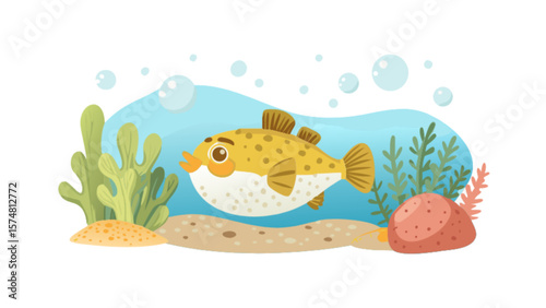 Cute pufferfish cartoon illustration in ocean scene with coral reef and bubbles for children learning art