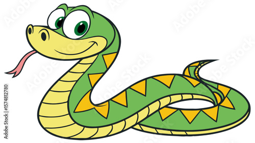 Cute cartoon snake vector illustration for kids educational resources and graphic design projects, green and yellow