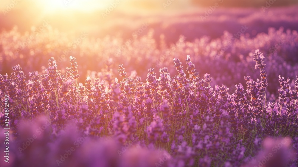 Naklejka premium Sunset illuminates a field of purple lavender flowers.