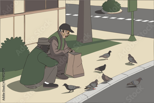 Illustration of elderly men feeding pigeons on street in urban setting vector art scene drawing design