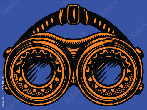 Steampunk Style Binoculars Illustration with Intricate Details on a Blue Background