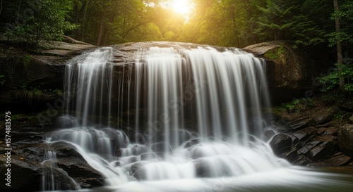 A scenic waterfall cascading over rocks surrounded by lush green trees with sunlight shining through