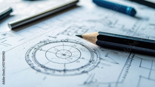 Close-up of pencil on technical drawing.