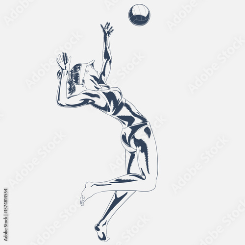 Female beach volleyball player jumping for a spike in sketch style, dynamic sports vector illustration