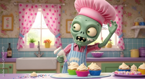 A cartoon zombie wearing a chef hat decorates cupcakes in a bright and colorful kitchen setting indoors