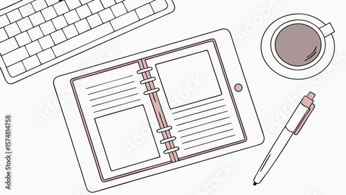 Flat Lay of Desk with Tablet, Stylus, and Daily Planner

