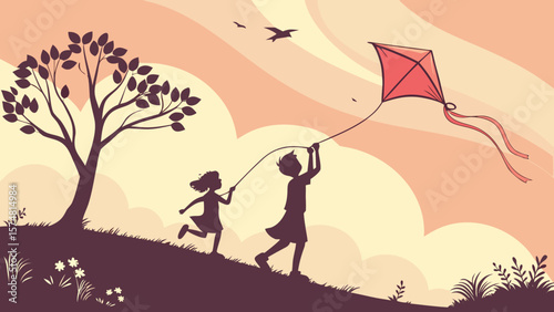 Silhouette of two children joyfully flying a kite in a whimsical pastel sunset landscape, evoking feelings of carefree childhood and summer adventure.