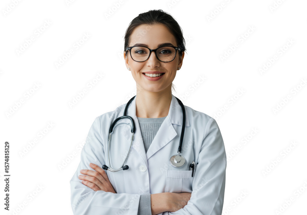 Fototapeta premium Smiling female doctor wearing glasses and stethoscope isolated on white background