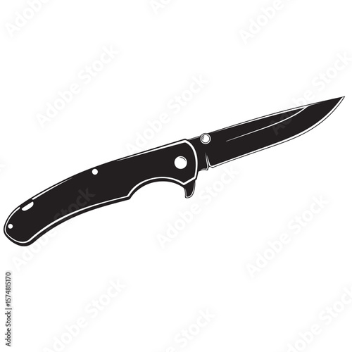 Black pocket knife illustration with sharp blade, detailed design.