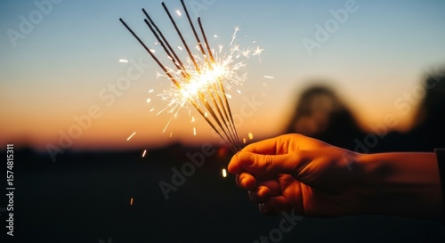 A hand holding several sparklers against a sunset sky with blurred figure in the background light