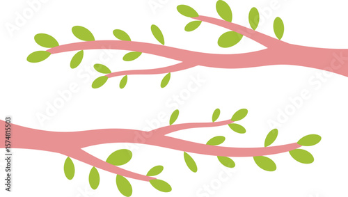 Illustration of pink tree branches with green leaves vector art design nature graphic spring botanical 