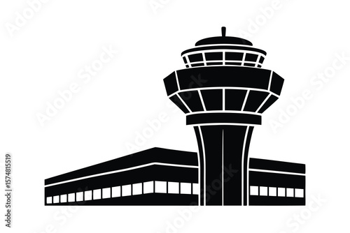 Airport Control Tower and Terminal Building Black Silhouette on White Background