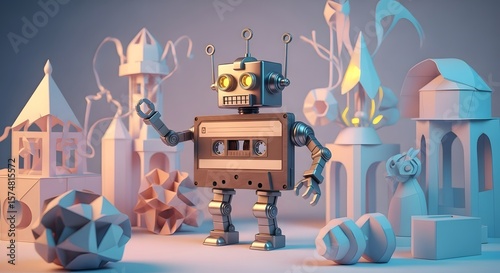 Retro Robot Toy in a Miniature Paper Cityscape, Cassette Tape Body Robot Sculpture in a Soft-Lit Minimalist Scene