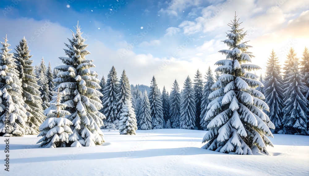 Naklejka premium Peaceful snowy forest background with tall pine trees covered in thick snow, soft falling snowflakes, muted blue-gray sky, and gentle morning light — photorealistic, tranquil winter mood.