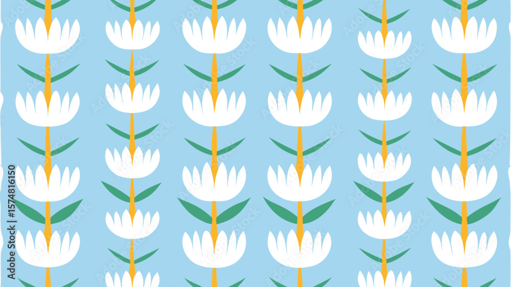 Obraz premium Seamless pattern of stylized white flowers with green leaves on a light blue background repeat design