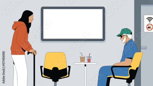 Waiting room scene with elderly man and woman using cane in hospital or clinic illustration style