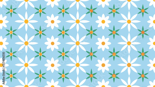 Floral pattern with white daisies and star shaped green flowers on a light blue background design