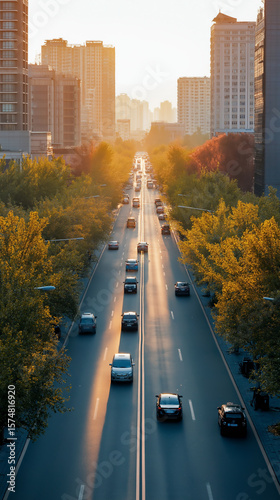 Sunset brings golden light over busy city street lined with trees in autumn