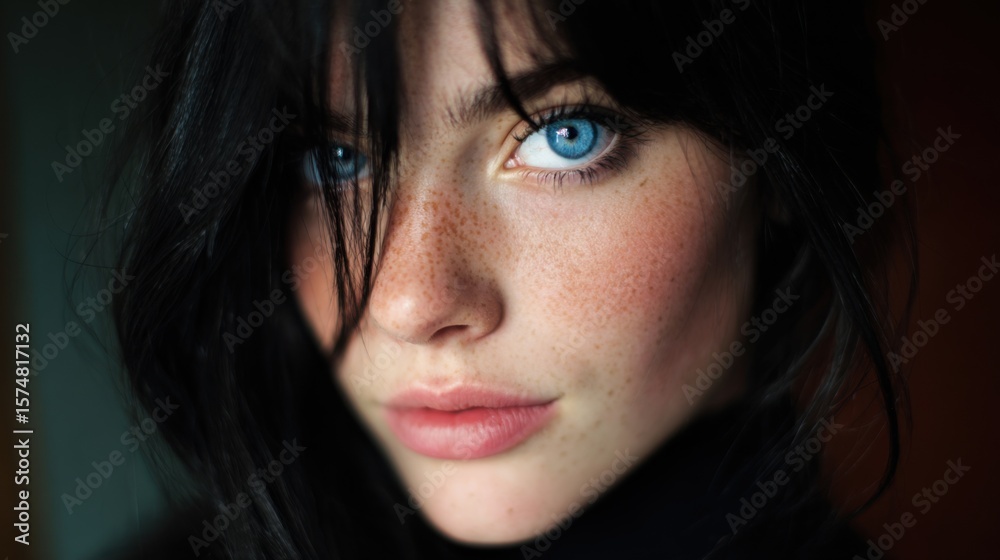 A beautiful portrait of a young woman with captivating blue eyes. The woman is a natural beauty and her hair frames her face A beautiful portrait of a young woman with captivating blue eyes. The woman is a natural beauty and her hair frames her face
