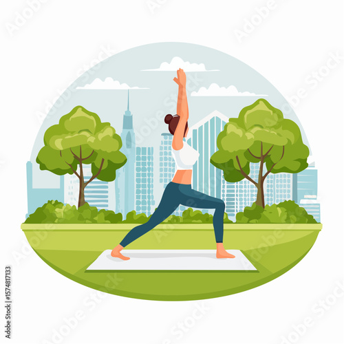 women participating in outdoor yoga session in green city park