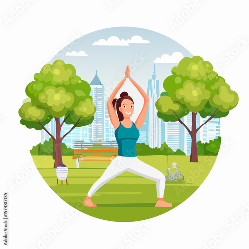 women participating in outdoor yoga session in green city park