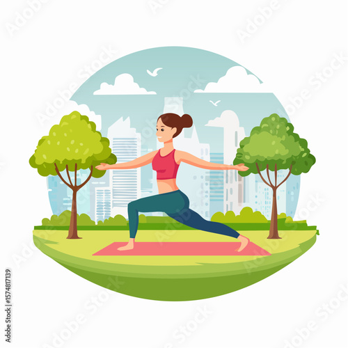 women participating in outdoor yoga session in green city park