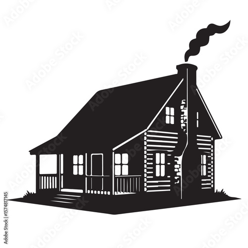 Rustic cabin illustration with chimney and smoke against a white background