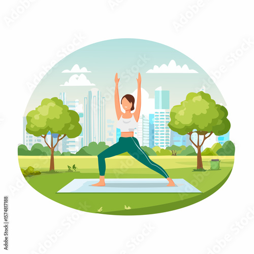 women participating in outdoor yoga session in green city park