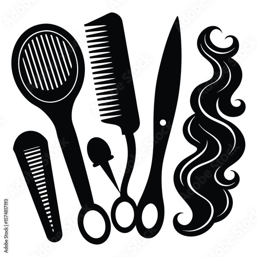 Silhouettes of hair tools including a comb, scissors, hairdryer, and curling iron—perfectly arranged for a sleek and stylish salon-inspired design.
