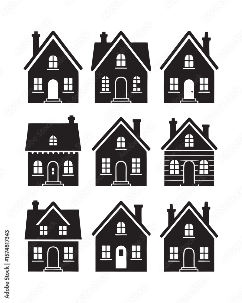 Fototapeta premium Charming Silhouette House Collection A Variety of Simple Black and White Home Designs for Creative Projects and Decorative Elements