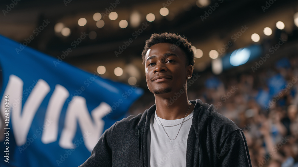 Fototapeta premium Young Speaker Celebrating Victory with Banner in Sports Arena