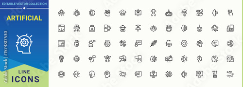 Artificial modern icon set. Contains outline symbols like robot, future, intelligent, tech, intelligence, science and more. Ai icon set. Vector icons collection. Editable stroke collections.