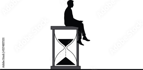 Time management concept man sitting on hourglass procrastination deadline pressure waiting hour glass sand