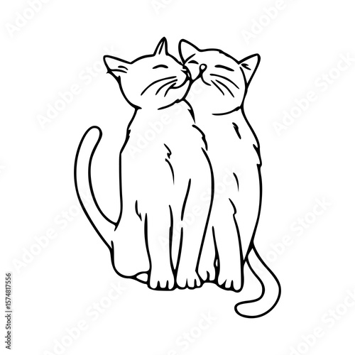 line art drawing of a cute feline couple illustration