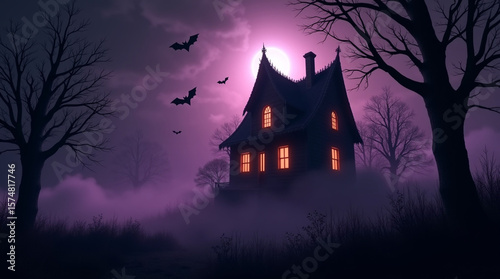 Spooky halloween haunted house with bats flying in purple night sky background illustration image design