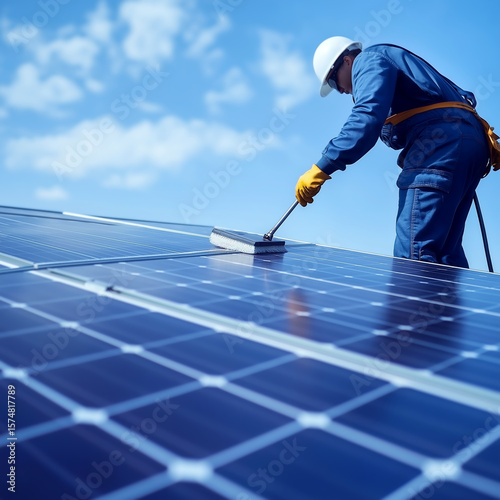 Technician cleaning solar panels on a sunny day in a renewable energy installation
