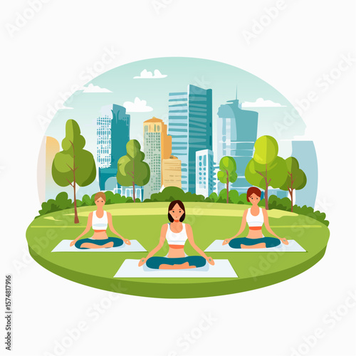 women participating in outdoor yoga session in green city park
