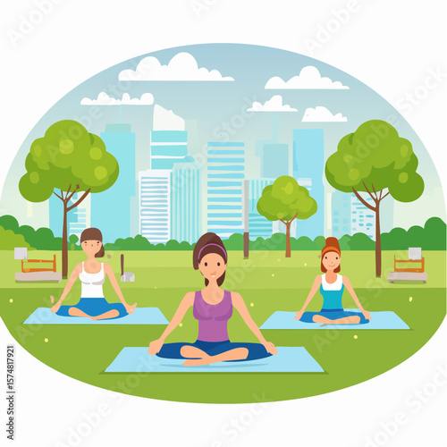 women participating in outdoor yoga session in green city park