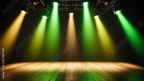 Combination of gold and green stage lights with vibrant effect focusing at the center of the empty stage background