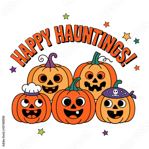 Vector art of a group of happy, carved pumpkins with spooky faces celebrate happy hauntings
