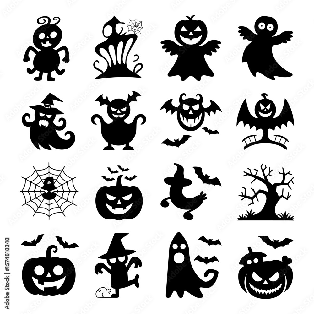 Fototapeta premium Vector art of a collection of sixteen black and white halloween icons featuring pumpkins, ghosts, bats, witches, and a spooky tree