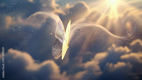 An Elegant and Beautiful White Butterfly is Floating Gracefully in an Ethereal Sky Above