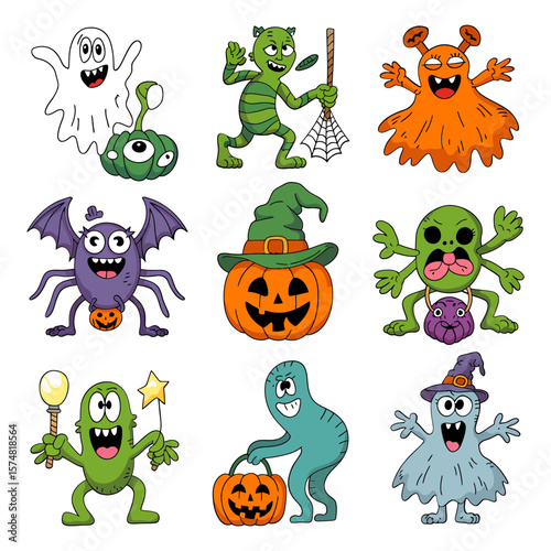 Vector art of a delightful ensemble of halloween creatures, including pumpkins, ghosts, spiders, bats, and friendly monsters