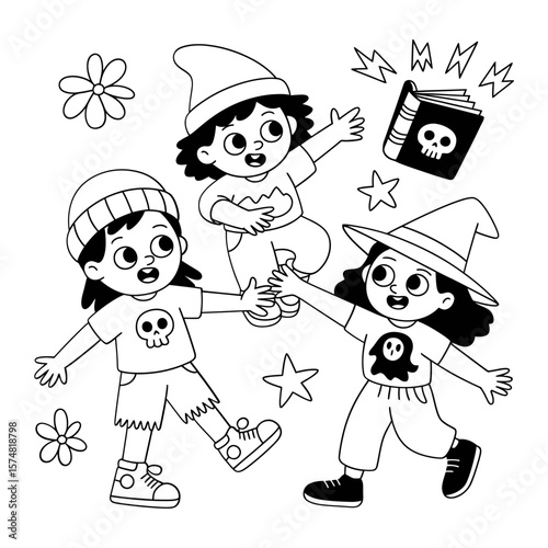 Vector art of three happy children in witch hats and halloween shirts jumping with a magic spell book