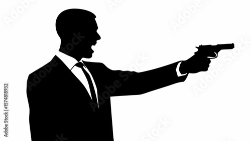 Silhouette of a man in a suit pointing a gun and shouting with his mouth wide open in a threatening manner
