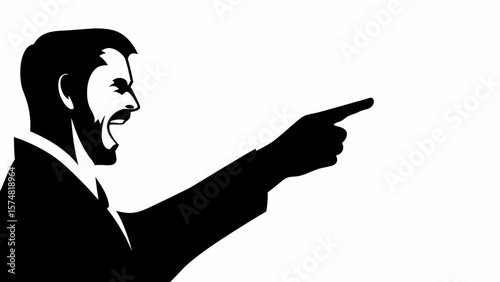 A man in a suit with a beard is yelling and pointing his finger to the right in black and white style