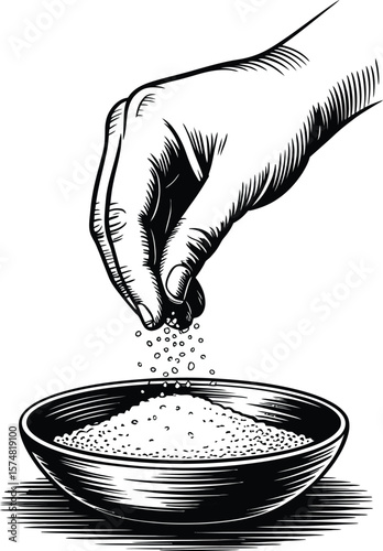 Vintage Hand Sprinkling Salt into Bowl Illustration